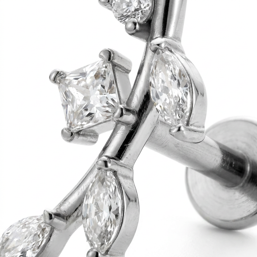 Barretta con ramoscello e zirconi in Acciaio Chirurgico 316L - Piercing per orecchio