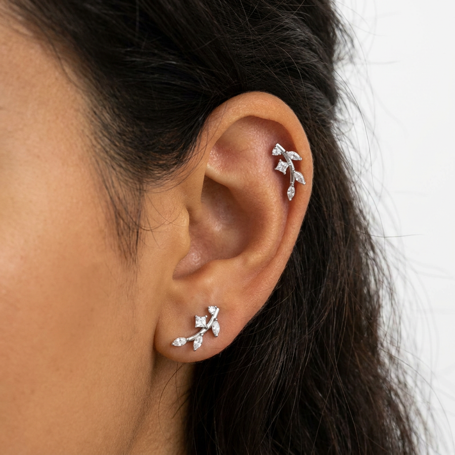 Barretta con ramoscello e zirconi in Acciaio Chirurgico 316L - Piercing per orecchio