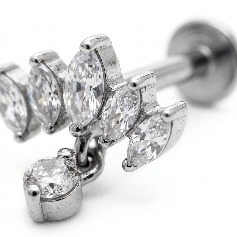 Barretta con cinque zirconi e pendente in Acciaio Chirurgico 316L - Piercing per orecchio