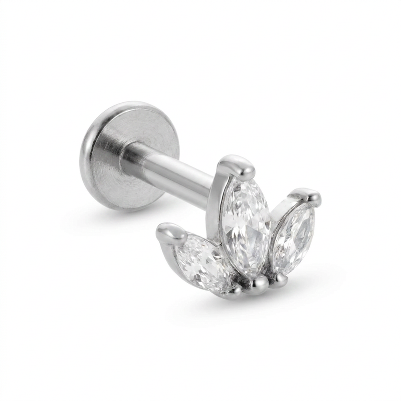 Barretta con tre petali e zirconi in Acciaio Chirurgico 316L - Piercing per orecchio