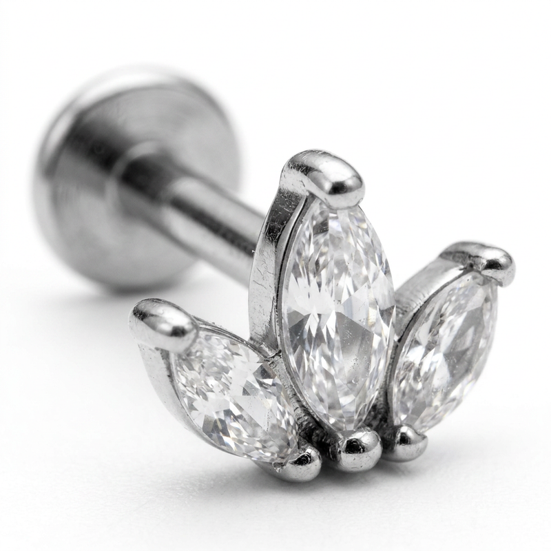 Barretta con tre petali e zirconi in Acciaio Chirurgico 316L - Piercing per orecchio