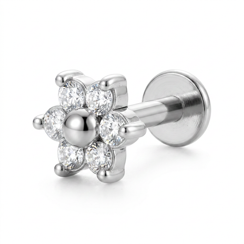 Barretta con fiore zirconato in Acciaio Chirurgico 316L - Piercing per orecchio