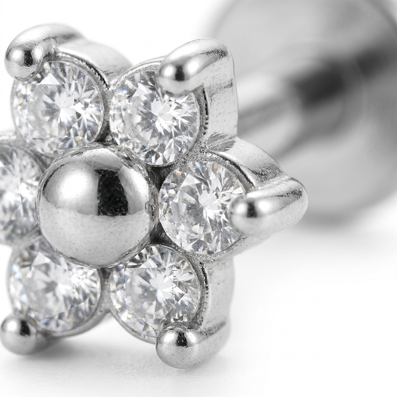 Barretta con fiore zirconato in Acciaio Chirurgico 316L - Piercing per orecchio