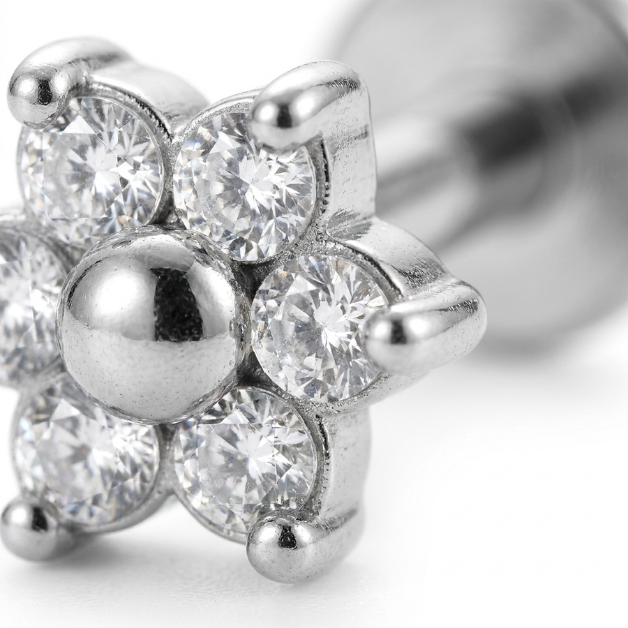 Barretta con fiore zirconato in Acciaio Chirurgico 316L - Piercing per orecchio