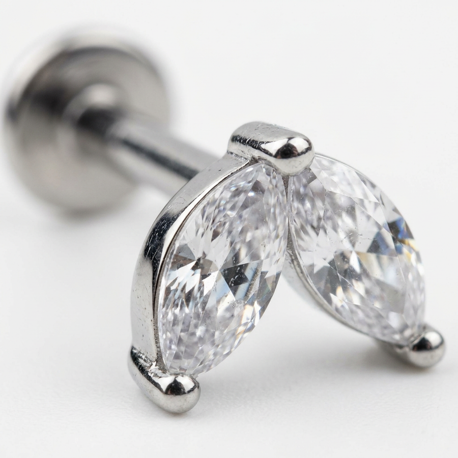 Barretta con due petali zirconati in Acciaio Chirurgico 316L - Piercing per orecchio