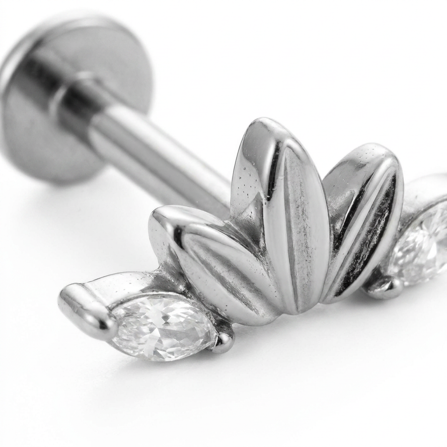 Barretta mezza foglia con zirconi in Acciaio Chirurgico 316L  - Piercing per orecchio