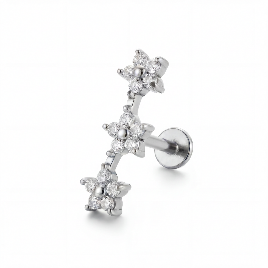 Barretta con fiori zirconati in Acciaio Chirurgico 316L - Piercing per orecchio