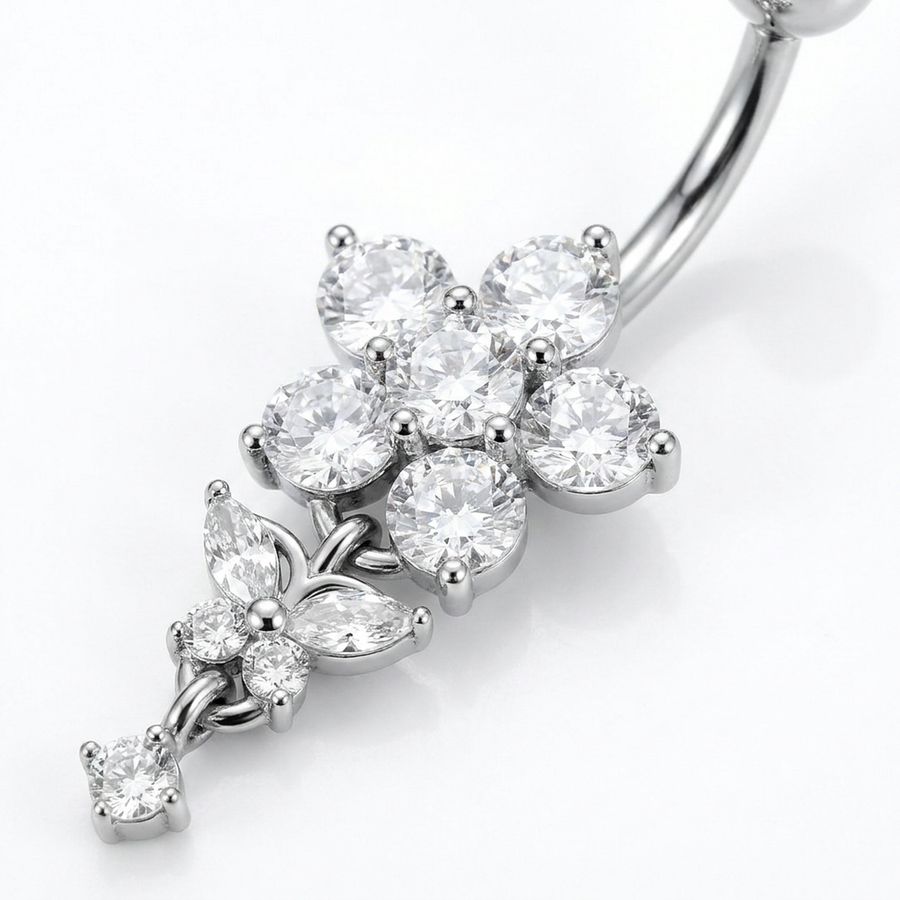 Piercing con fiore di zirconi e pendenti in Acciaio Chirurgico 316L - Piercing per ombelico