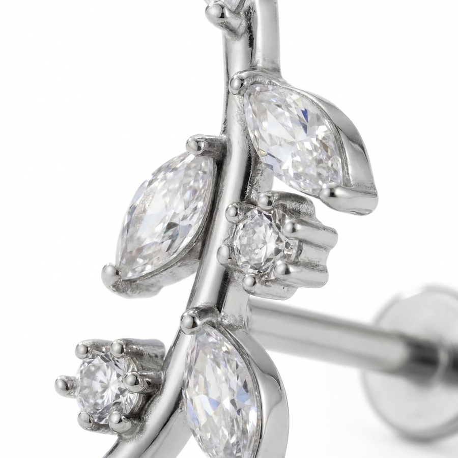Barretta ramoscello con zirconi in Acciaio Chirurgico 316L - Piercing per orecchio