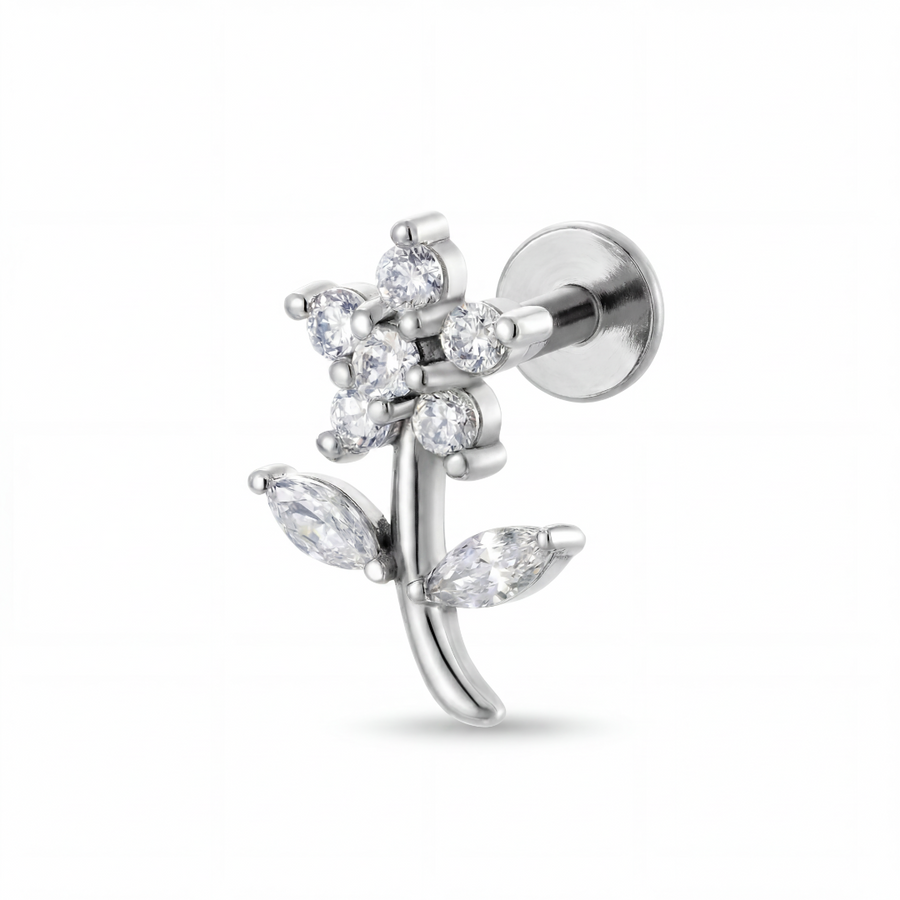 Barretta con fiore zirconato in Acciaio Chirurgico 316L - Piercing per orecchio