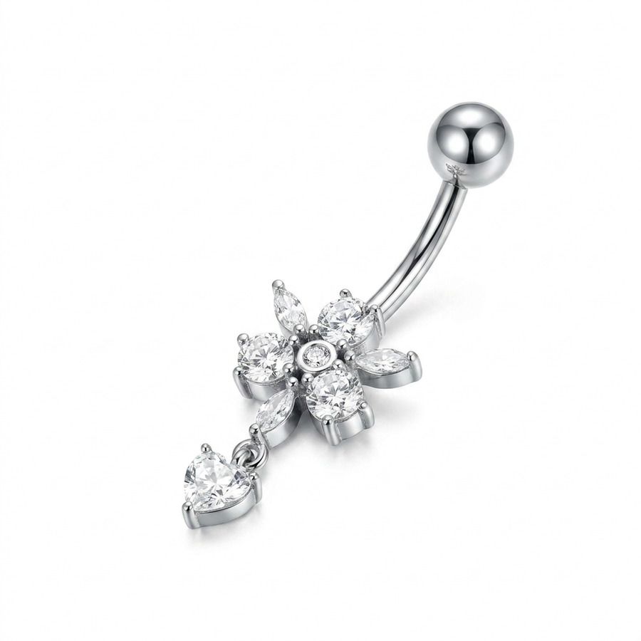 Piercing con fiore di zirconi e cuore pendente in Acciaio Chirurgico 316L - Piercing per ombelico