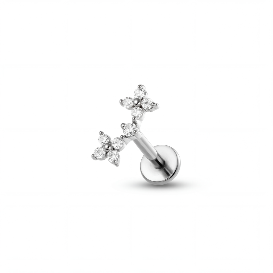 Barretta con due fiorellini e zirconi in Acciaio Chirurgico 316L  - Piercing per orecchio