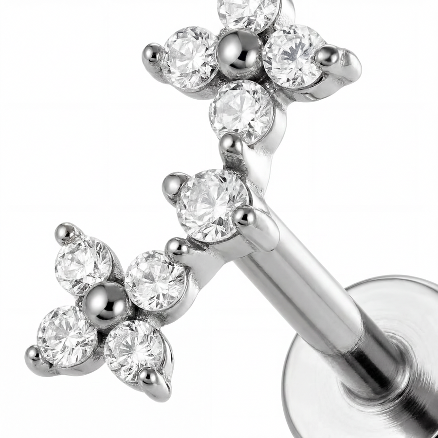 Barretta con due fiorellini e zirconi in Acciaio Chirurgico 316L  - Piercing per orecchio