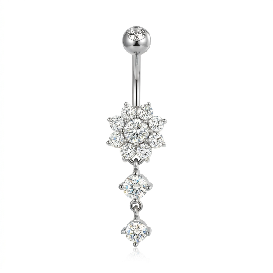 Piercing con fiore e due zirconi pendenti in Acciaio Chirurgico 316L - Piercing per ombelico