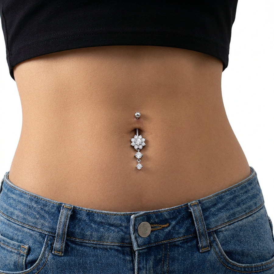 Piercing con fiore e due zirconi pendenti in Acciaio Chirurgico 316L - Piercing per ombelico