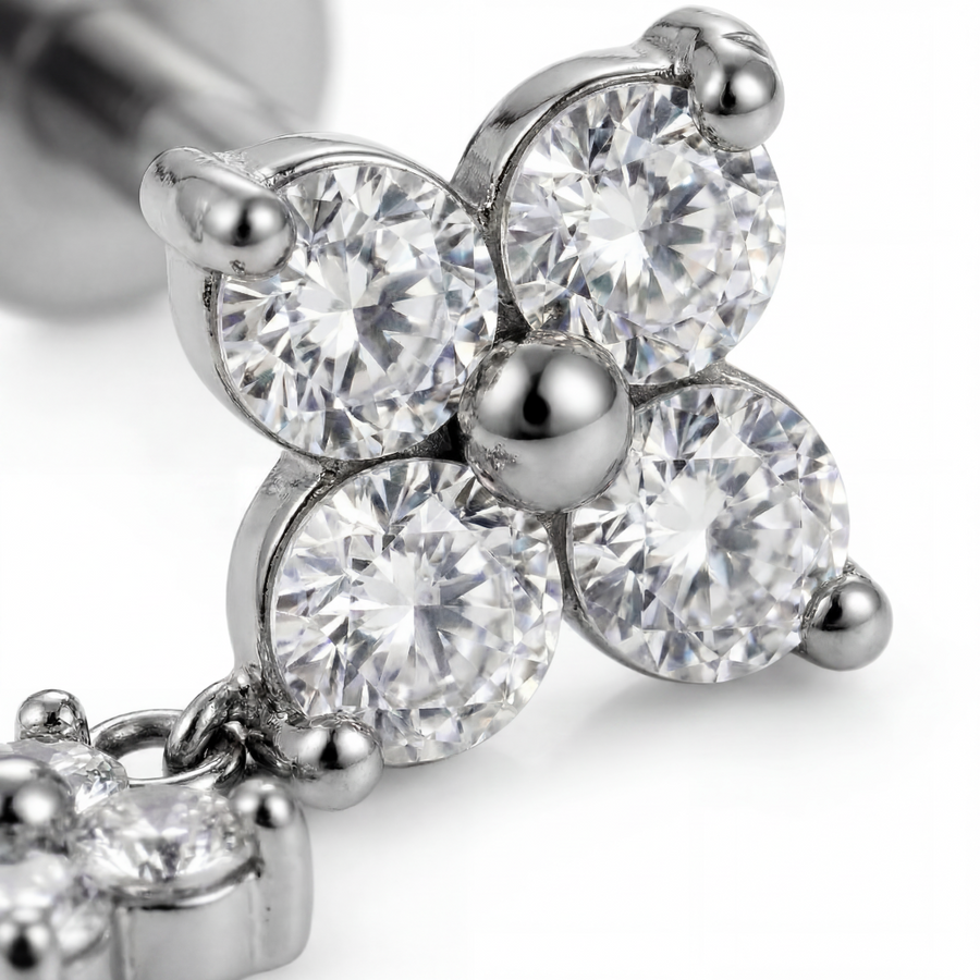Barretta con fiore zirconato pendente in Acciaio Chirurgico 316L - Piercing per orecchio