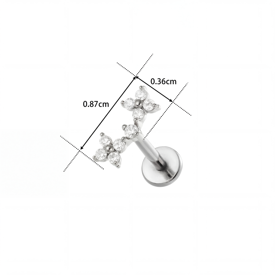 Barretta con due fiorellini e zirconi in Acciaio Chirurgico 316L  - Piercing per orecchio