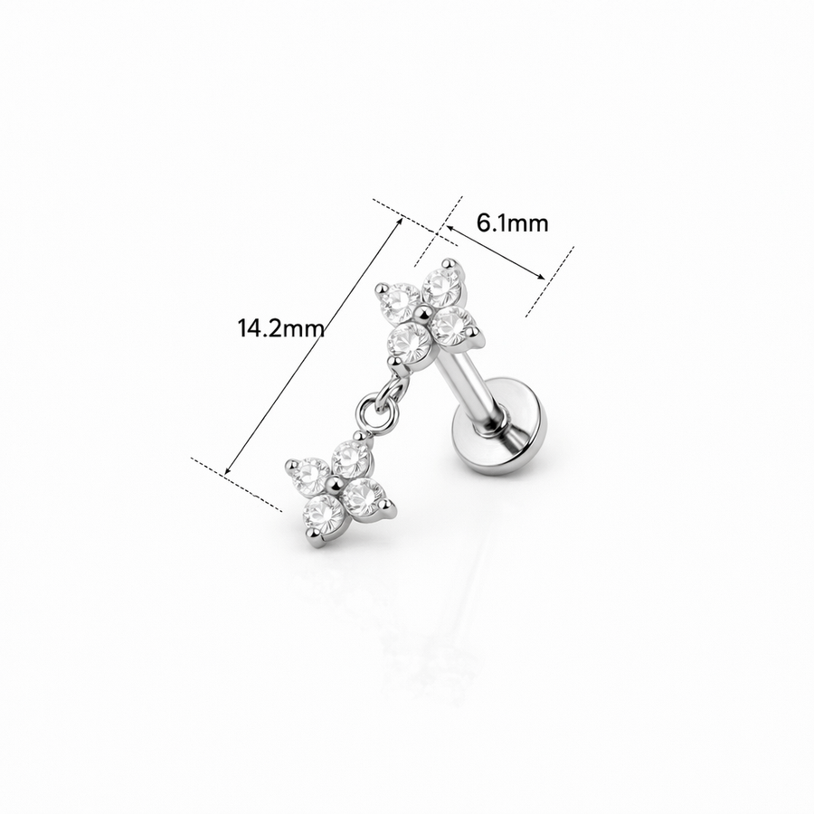 Barretta con fiore zirconato pendente in Acciaio Chirurgico 316L - Piercing per orecchio