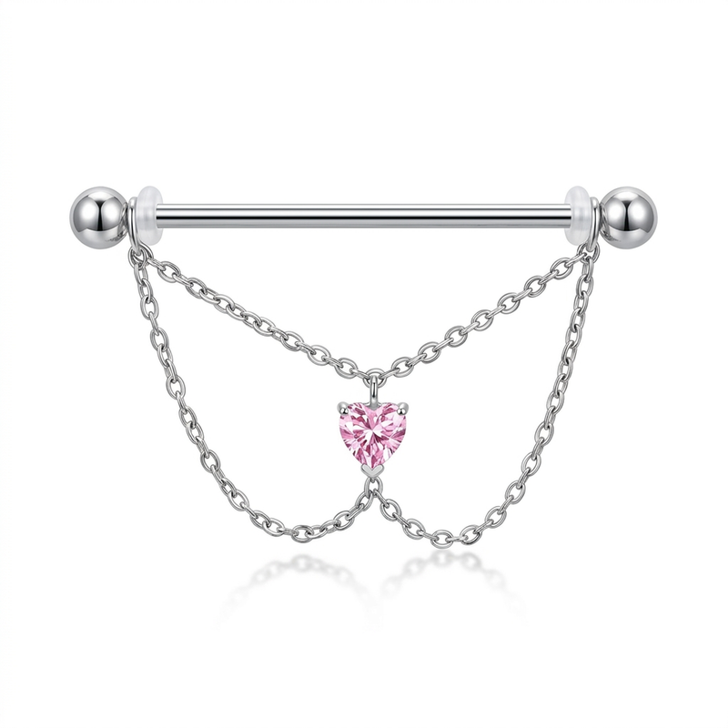Piercing con catena e pietra rosa in Titanio G23 - Piercing per Industrial