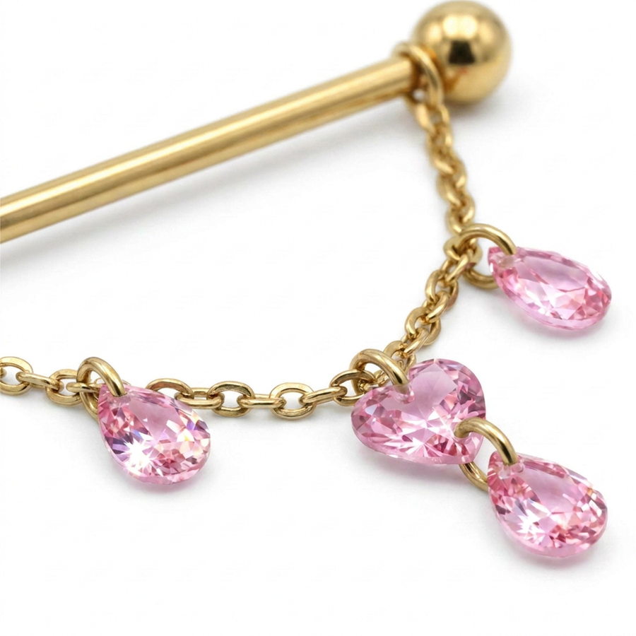 Piercing con catene e pietre rosa in Titanio G23 - Piercing per Industrial