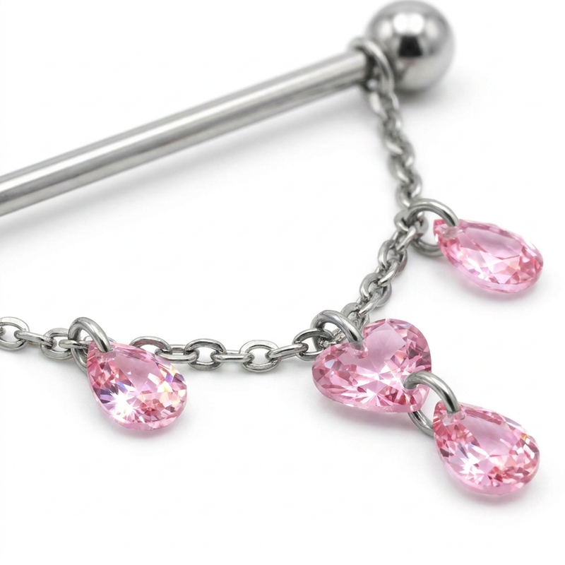 Piercing con catene e pietre rosa in Titanio G23 - Piercing per Industrial