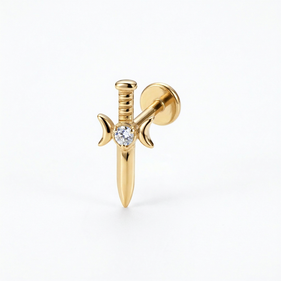 Piercing con coltello e zircone in Titanio G23- Piercing per Lobo, helix, forward helix, conch, flat, tragus