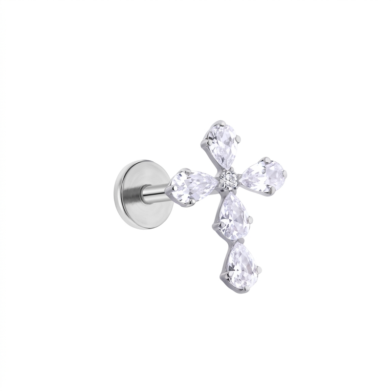Piercing con croce di zirconi in Titanio G23- Piercing per Lobo, helix, forward helix, conch, flat, tragus