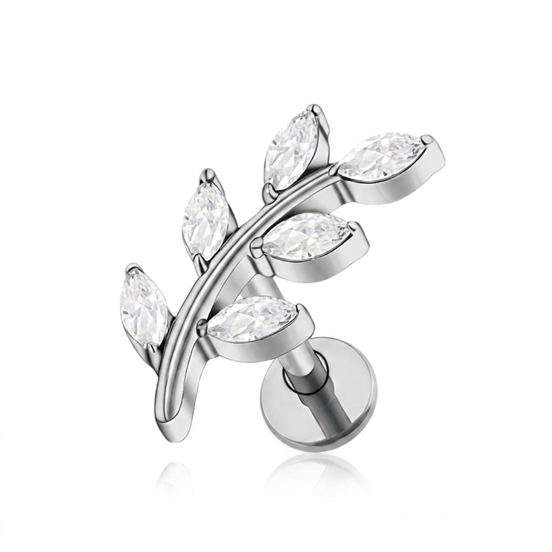 Piercing con ramoscello e zirconi in Titanio G23- Piercing per Lobo, helix, forward helix, conch, flat, tragus