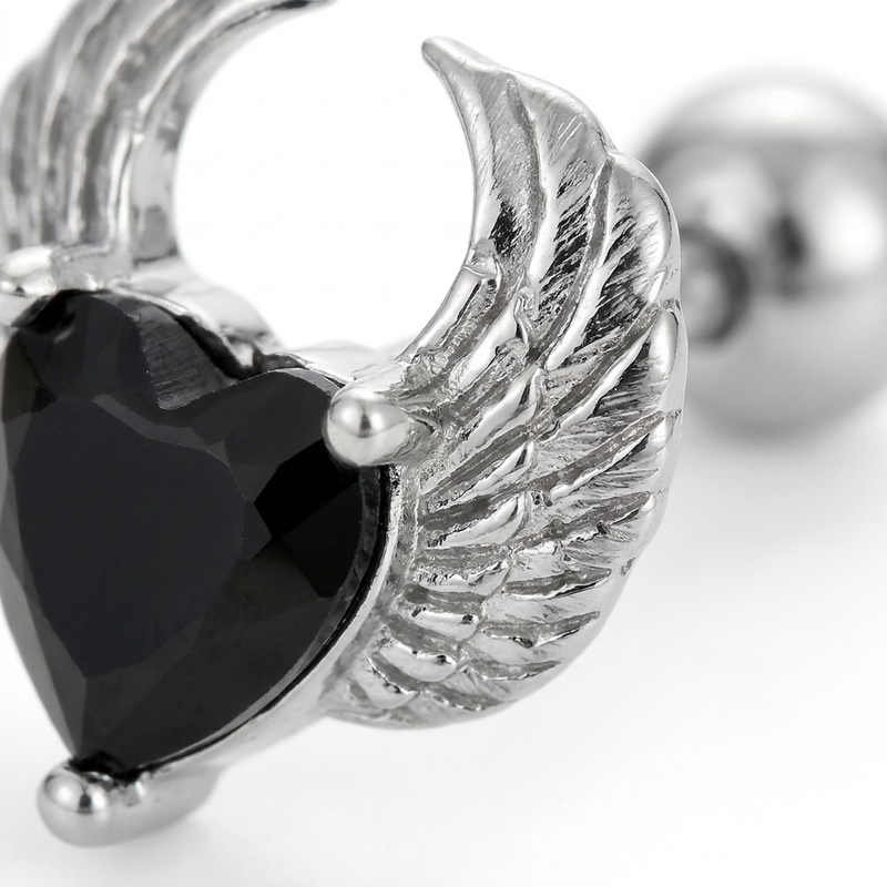 Piercing con cuore di zircone nero in acciaio chirurgico 316L - Piercing per lobo, helix, forward helix, conch, flat, tragus