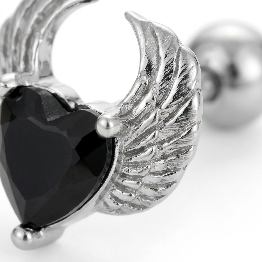Piercing con cuore di zircone nero in acciaio chirurgico 316L - Piercing per lobo, helix, forward helix, conch, flat, tragus