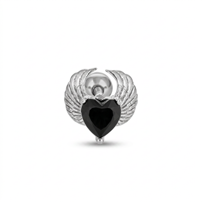 Piercing con cuore di zircone nero in acciaio chirurgico 316L - Piercing per lobo, helix, forward helix, conch, flat, tragus