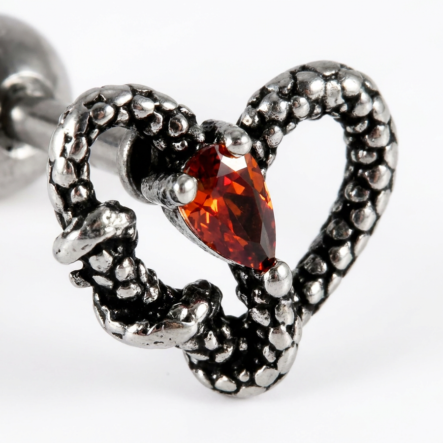 Piercing con cuore pitonato con zircone rosso in acciaio chirurgico 316L - Piercing per lobo, helix, forward helix, conch, flat, tragus
