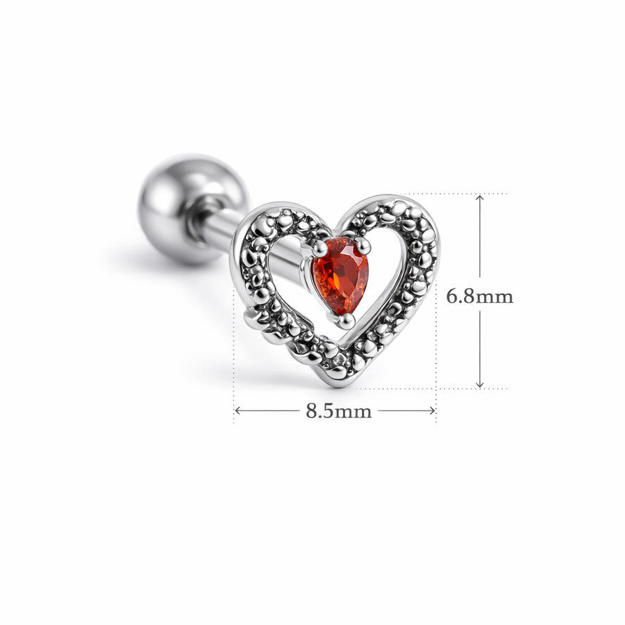 Piercing con cuore pitonato con zircone rosso in acciaio chirurgico 316L - Piercing per lobo, helix, forward helix, conch, flat, tragus