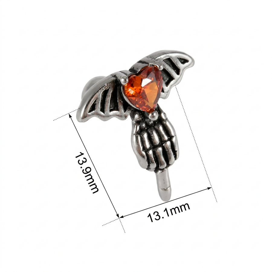 Piercing con cuore rosso zirconato e ali di pipistrello in Acciaio Chirurgico 316L - Piercing per lobo, helix, forward helix, conch, flat, tragus