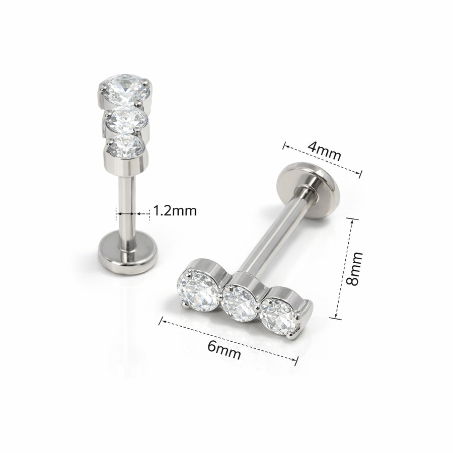 Piercing con tre zirconi in Acciaio Chirurgico 316L - Piercing per lobo, helix, forward helix, conch, flat, tragus