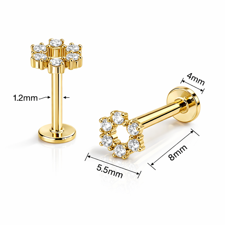 Piercing con fiore di zirconi in Acciaio Chirurgico 316L - Piercing per lobo, helix, forward helix, conch, flat, tragus