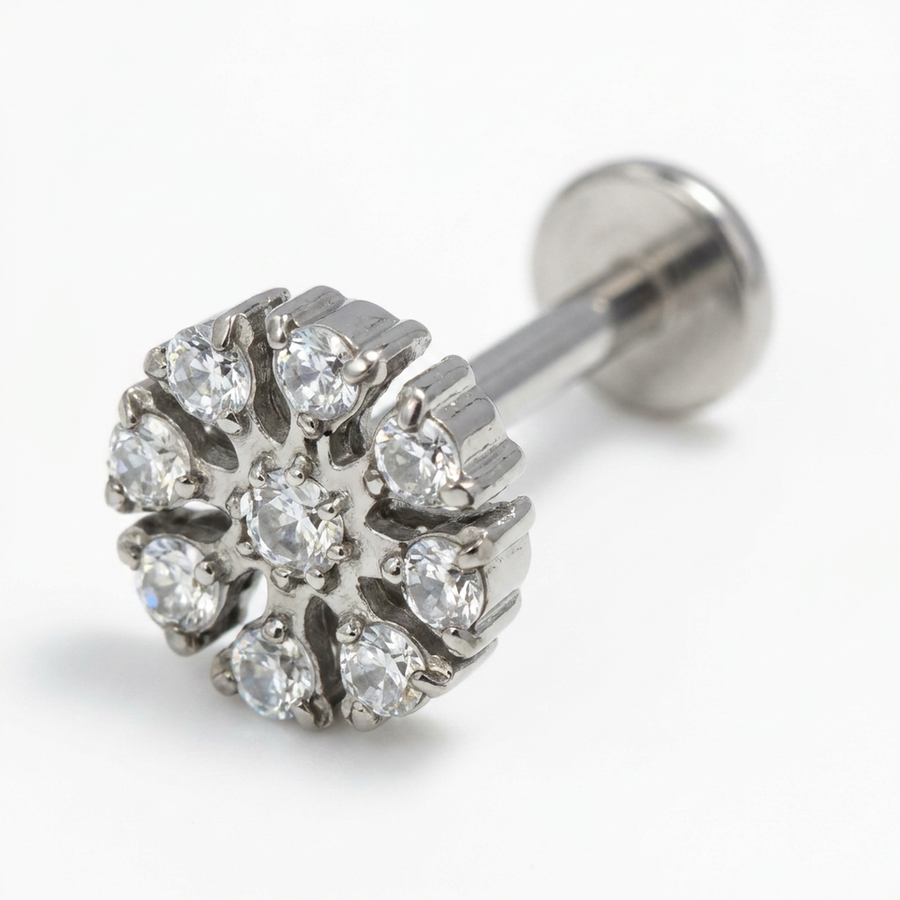 Piercing con fiore di zirconi in acciaio chirurgico 316L - Piercing per lobo, helix, forward helix, conch, flat, tragus