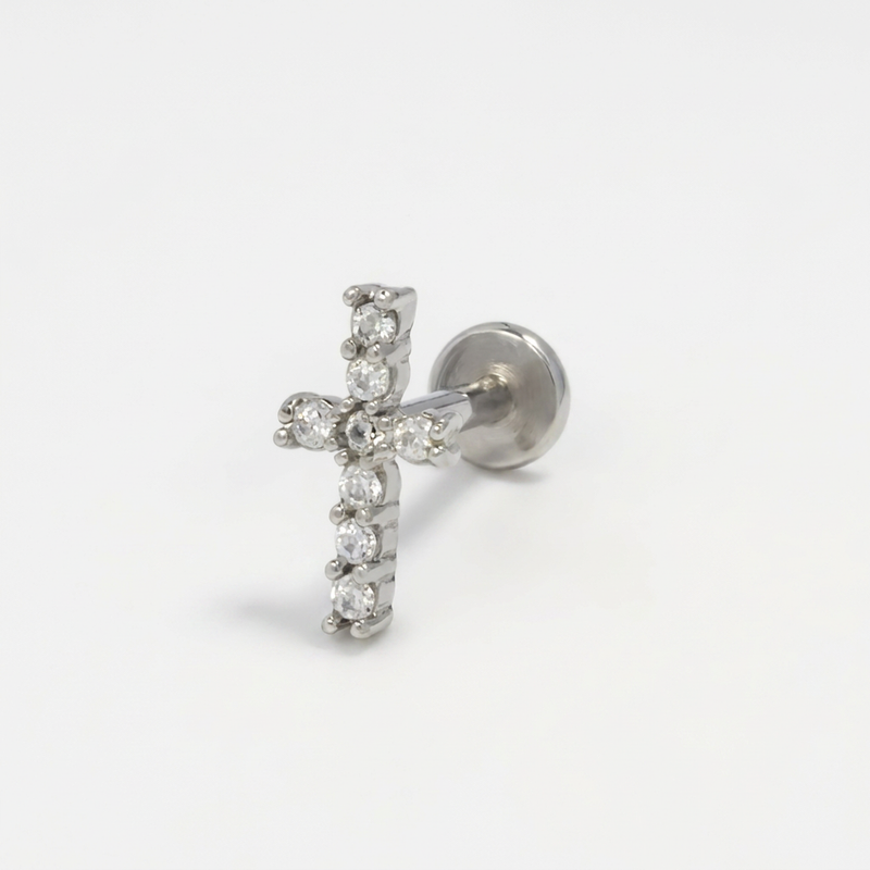 Piercing con croce di zirconi in acciaio chirurgico 316L - Piercing per lobo, helix, forward helix, conch, flat, tragus