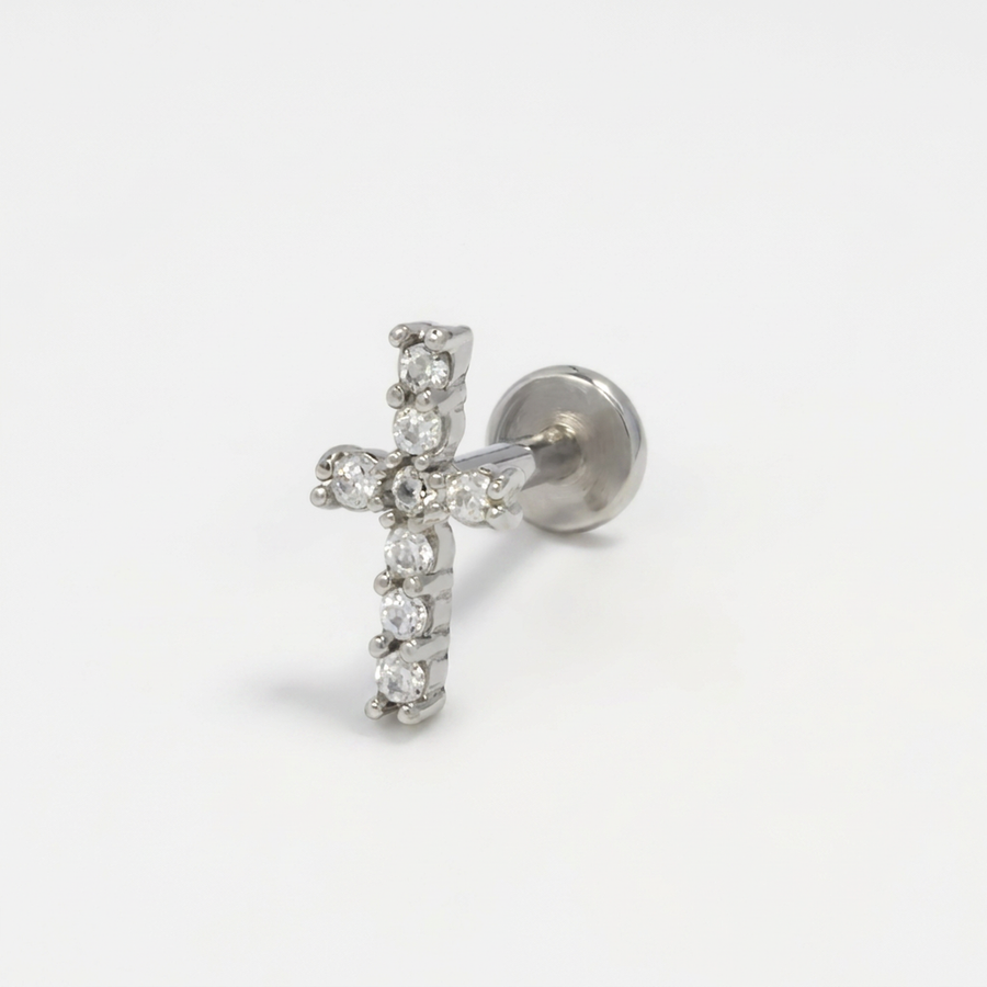 Piercing con croce di zirconi in acciaio chirurgico 316L - Piercing per lobo, helix, forward helix, conch, flat, tragus