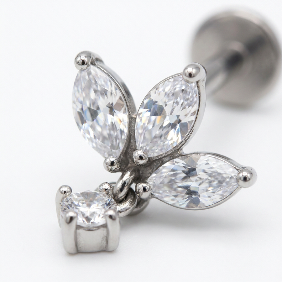Piercing con zirconi e pendente in acciaio chirurgico 316L - Piercing per lobo, helix, forward helix, conch, flat, tragus