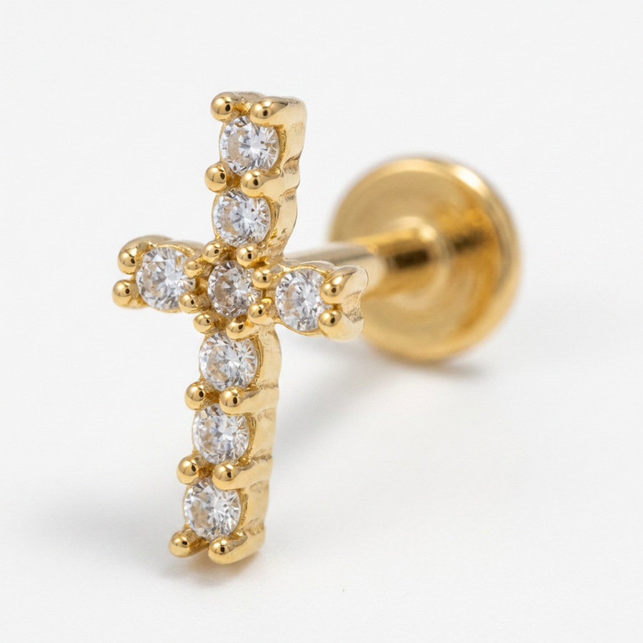 Piercing con croce di zirconi in acciaio chirurgico 316L - Piercing per lobo, helix, forward helix, conch, flat, tragus