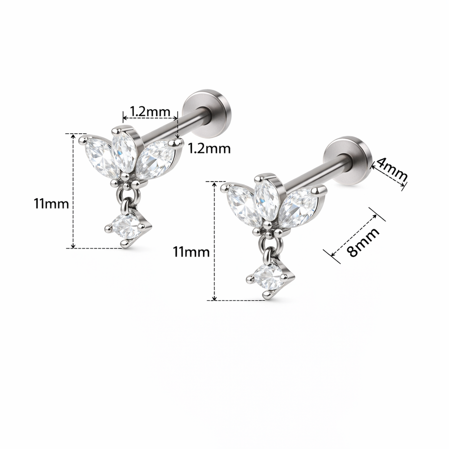 Piercing con zirconi e pendente in acciaio chirurgico 316L - Piercing per lobo, helix, forward helix, conch, flat, tragus