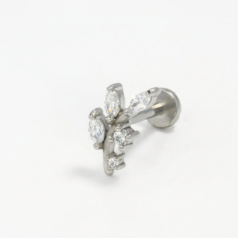 Piercing con ramoscello e zirconi in Acciaio Chirurgico 316L - Piercing per lobo, helix, forward helix, conch, flat, tragus