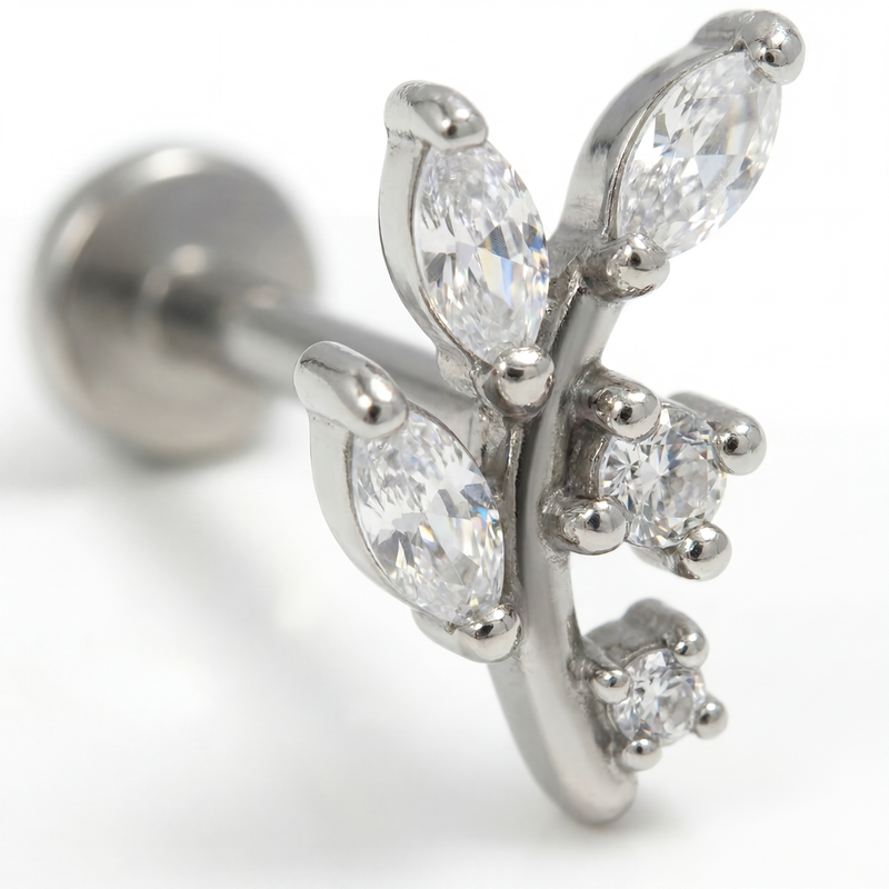 Piercing con ramoscello e zirconi in Acciaio Chirurgico 316L - Piercing per lobo, helix, forward helix, conch, flat, tragus
