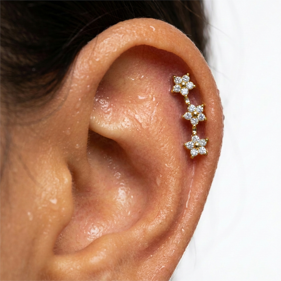 Piercing con fiori di zirconi in Acciaio Chirurgico 316L - Piercing per lobo, helix, forward helix, conch, flat, tragus