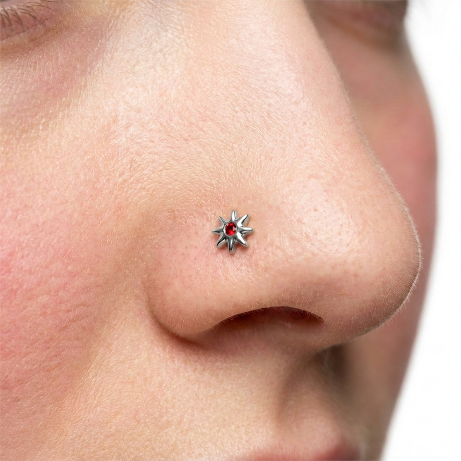 Piercing con fiore e zircone rosso in Titanio G23- Piercing per naso