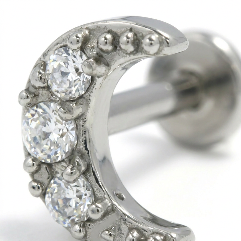 Piercing luna con zirconi in Acciaio Chirurgico 316L - Piercing per lobo, helix, forward helix, conch, flat, tragus