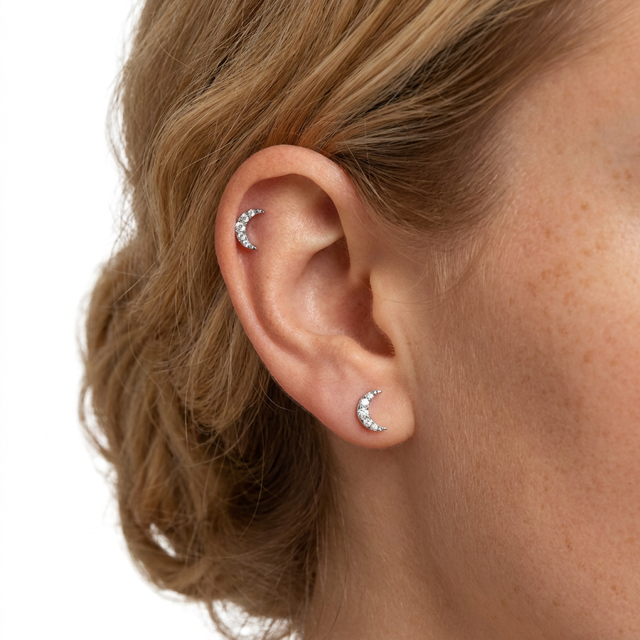 Piercing con luna di zirconi in acciaio chirurgico 316L - Piercing per lobo, helix, forward helix, conch, flat, tragus