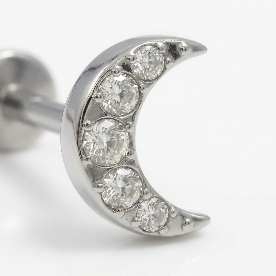 Piercing con luna di zirconi in acciaio chirurgico 316L - Piercing per lobo, helix, forward helix, conch, flat, tragus