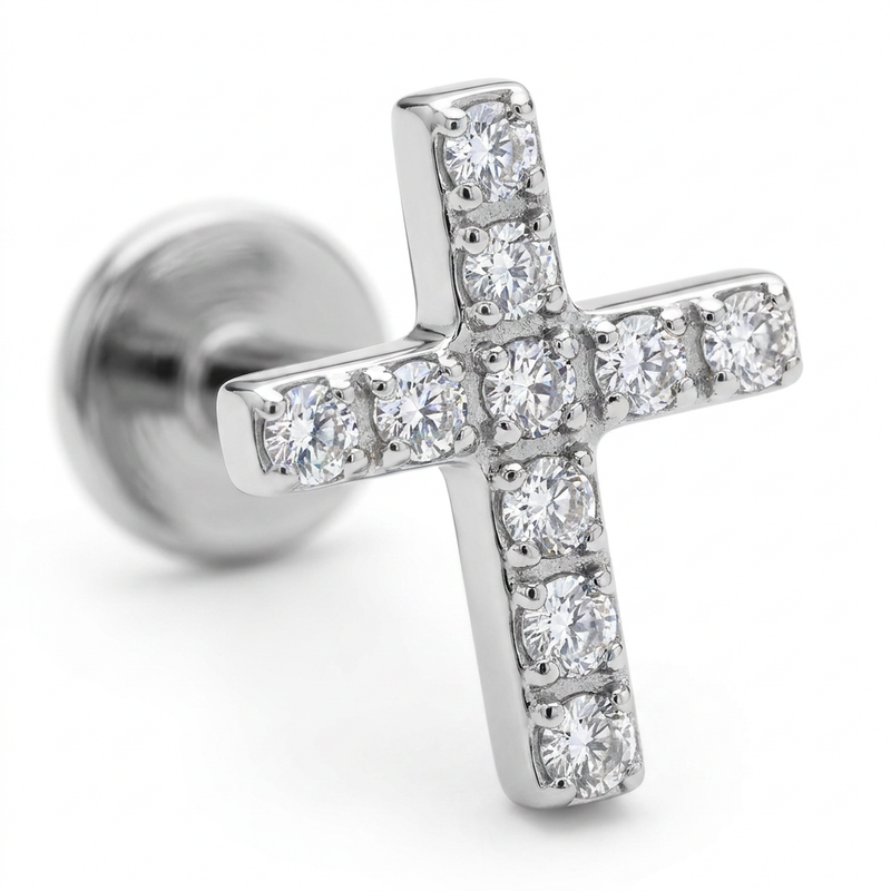 Piercing con croce zirconi in Acciaio Chirurgico 316L - Piercing per lobo, helix, forward helix, conch, flat, tragus